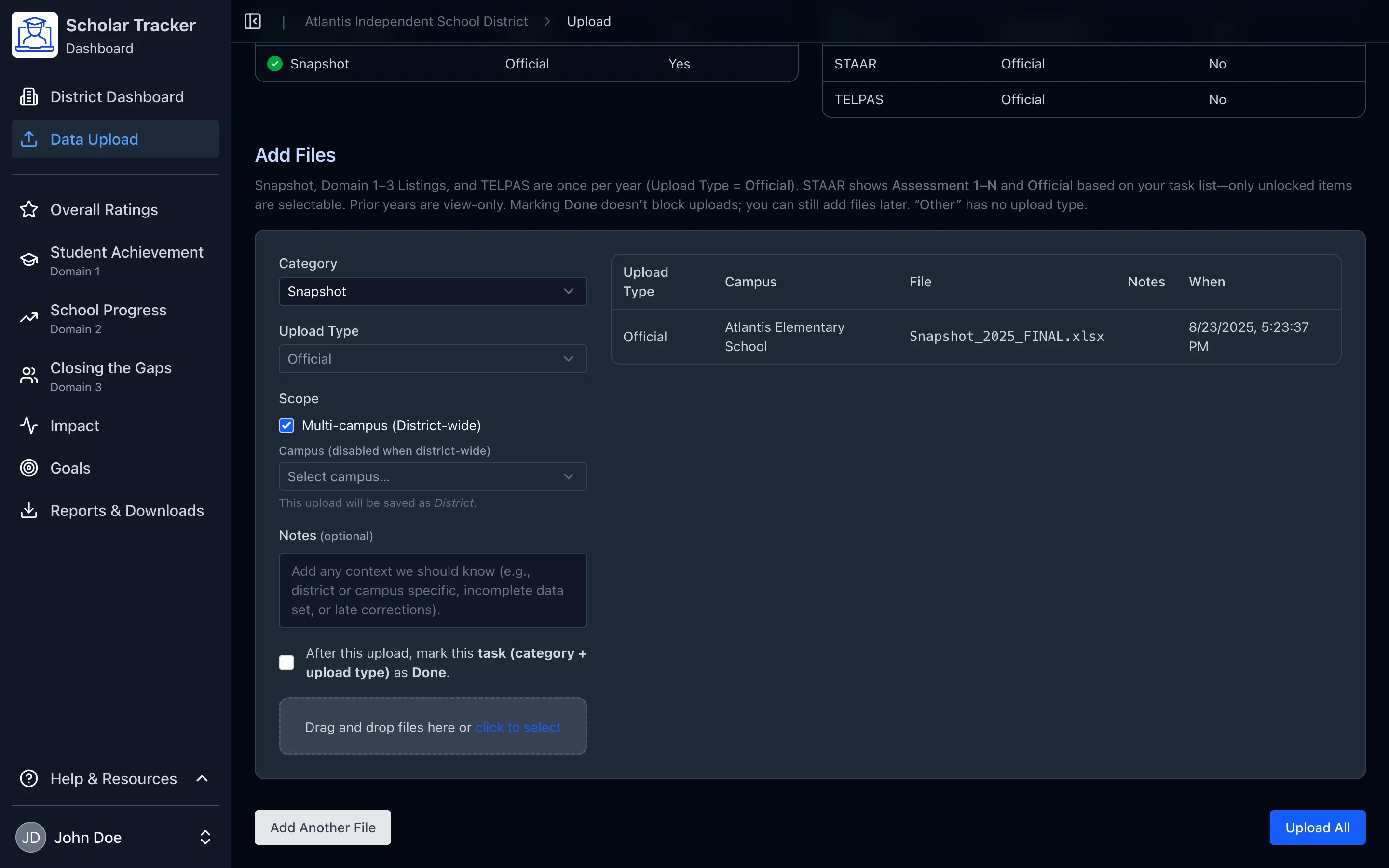 Uploads & validation — required tasks and ingestion status