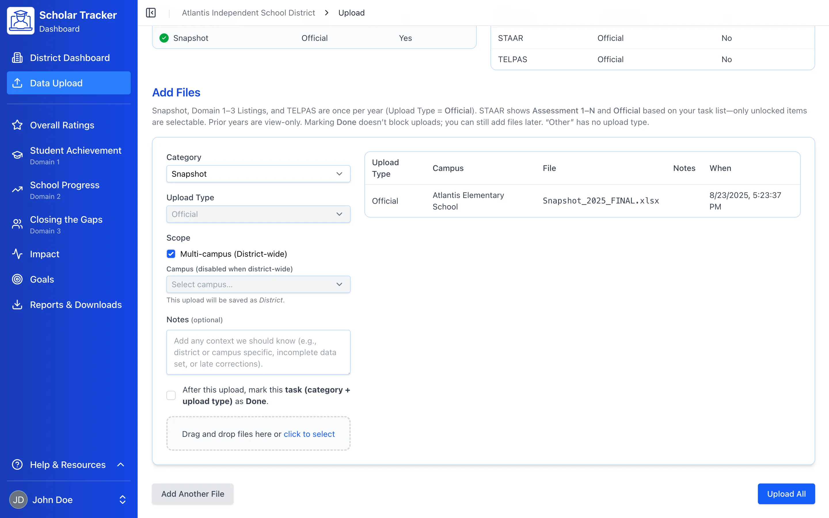 Uploads & validation — required tasks and ingestion status